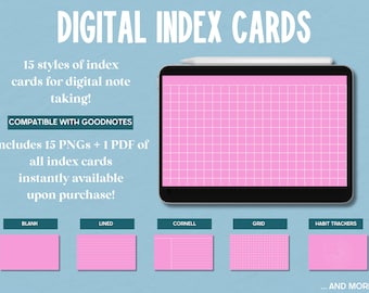 Pink Goodnotes Index Cards, Digital Index Cards: Lined Index Cards, Cornell Style Index Cards, Digital Note Cards, Graphing, Note Taking
