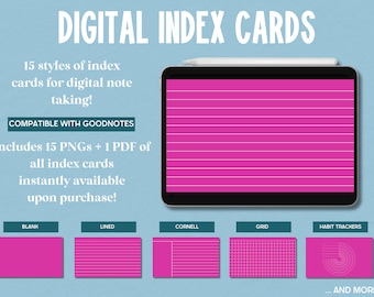 Pink Goodnotes Index Cards, Digital Index Cards: Lined Index Cards, Cornell Style Index Cards, Digital Note Cards, Graphing, Note Taking