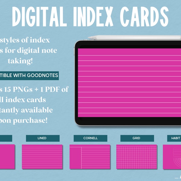 Pink Goodnotes Index Cards, Digital Index Cards: Lined Index Cards, Cornell Style Index Cards, Digital Note Cards, Graphing, Note Taking