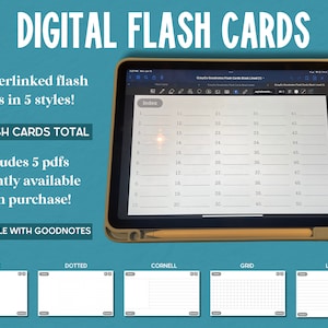 Puede incluir: Una tableta digital que muestra un conjunto de 50 tarjetas de memoria hipervinculadas en 5 estilos diferentes, incluyendo en blanco, punteado, Cornell, cuadrícula y rayado. El texto "250 FLASH CARDS TOTAL" es visible en la pantalla. La tableta está sobre un fondo azul con el texto "DIGITAL FLASH CARDS" en la parte superior.