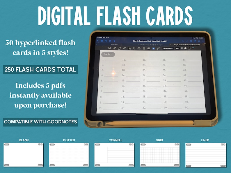White Digital Flash Cards for Goodnotes and Notability 5 Styles Hyperlinked Pdfs Digital Index