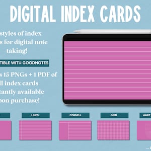 Pink Goodnotes Index Cards, Digital Index Cards: Lined Index Cards, Cornell Style Index Cards, Digital Note Cards, Graphing, Note Taking