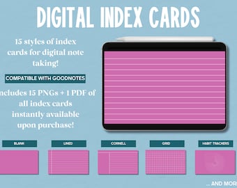 Tarjetas de índice Pink Goodnotes, tarjetas de índice digitales: tarjetas de índice forradas, tarjetas de índice estilo Cornell, tarjetas de notas digitales, gráficos, toma de notas
