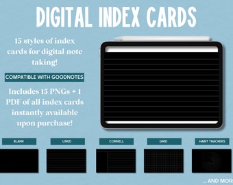 Black Goodnotes Index Cards, Digital Index Cards: Lined Index Cards, Cornell Style Index Cards, Digital Note Cards, Graphing, Note Taking