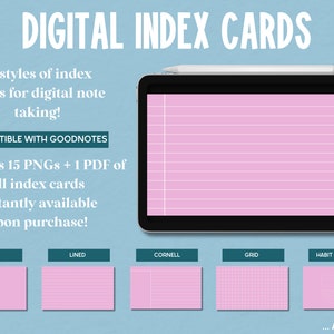 Pink Goodnotes Index Cards, Digital Index Cards: Lined Index Cards, Cornell Style Index Cards, Digital Note Cards, Graphing, Note Taking