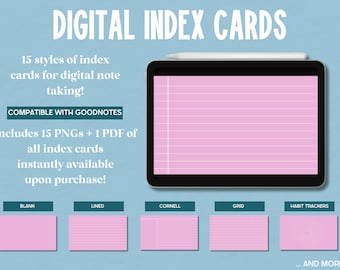 Pink Goodnotes Index Cards, Digital Index Cards: Lined Index Cards, Cornell Style Index Cards, Digital Note Cards, Graphing, Note Taking