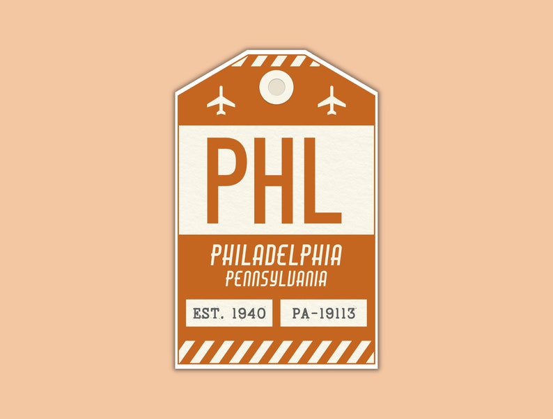PHL Philadelphia Pennsylvania Luggage Tag Sticker / Airport Code Baggage Decal / Collectible Travel Decor / Vintage Inspired Design Orange