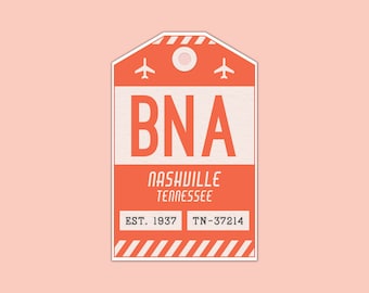 BNA Nashville Tennessee Luggage Tag Sticker / Airport Code Baggage Decal / Collectible Travel Decor / Vintage Inspired Design