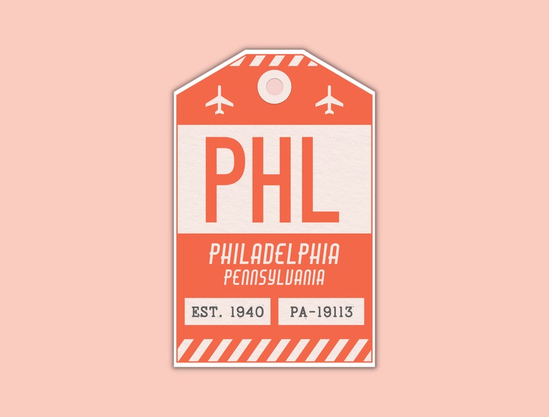 PHL Philadelphia Pennsylvania Luggage Tag Sticker / Airport Code Baggage Decal / Collectible Travel Decor / Vintage Inspired Design Coral
