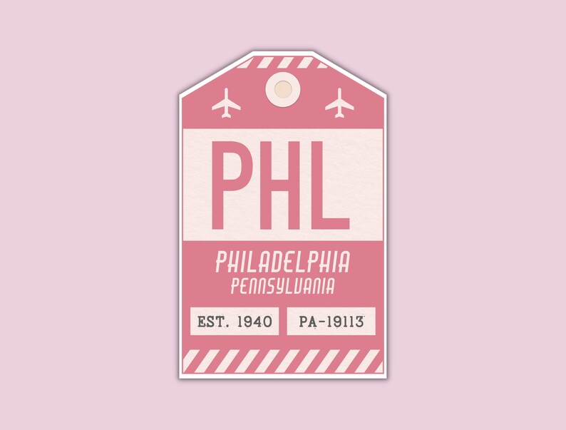 PHL Philadelphia Pennsylvania Luggage Tag Sticker / Airport Code Baggage Decal / Collectible Travel Decor / Vintage Inspired Design Rosa