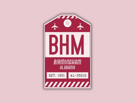 BHM Birmingham Alabama Luggage Tag Sticker / Airport Code Baggage Decal / Collectible Travel Decor / Vintage Inspired Design