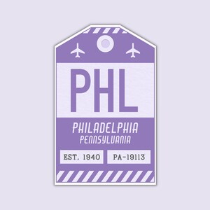 PHL Philadelphia Pennsylvania Luggage Tag Sticker / Airport Code Baggage Decal / Collectible Travel Decor / Vintage Inspired Design Lila