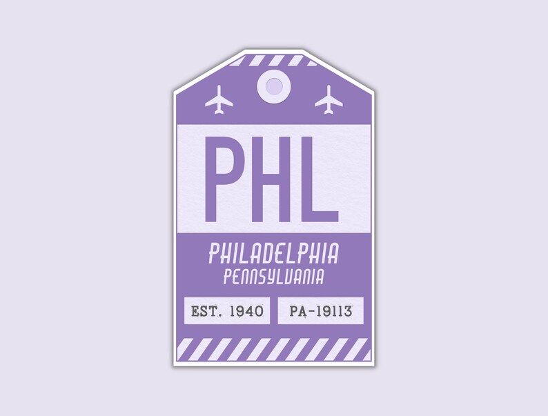 PHL Philadelphia Pennsylvania Luggage Tag Sticker / Airport Code Baggage Decal / Collectible Travel Decor / Vintage Inspired Design Lila