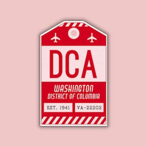 May include: Red and white airport luggage tag with the code DCA, Washington District of Columbia, Est. 1941, VA-22202.