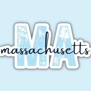 May include: A sticker with the letters "MA" in light blue, with a distressed texture, and the word "massachusetts" in a dark blue script font. The sticker has a white border and is set against a light blue background.