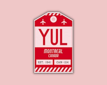 May include: A red and white luggage tag sticker with the text "YUL MONTREAL CANADA" and the year "EST. 1941". The sticker has a retro design with airplane icons and a CAN-124 code.