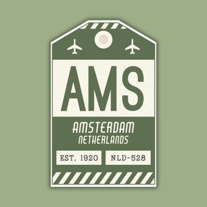 AMS Amsterdam Netherlands Luggage Tag Sticker / Schipol Airport Code Baggage Decal / Collectible Travel Decor / Vintage Inspired Design