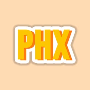 May include: A yellow and orange sticker with the text "PHX" in a bold, 3D-style font.