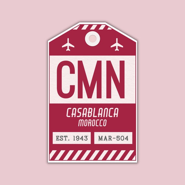 CMN Casablanca Morocco Luggage Tag Sticker / Airport Code Baggage Decal / Collectible Travel Decor / Vintage Inspired Design