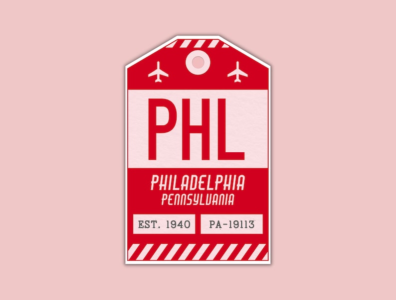 PHL Philadelphia Pennsylvania Luggage Tag Sticker / Airport Code Baggage Decal / Collectible Travel Decor / Vintage Inspired Design Röd