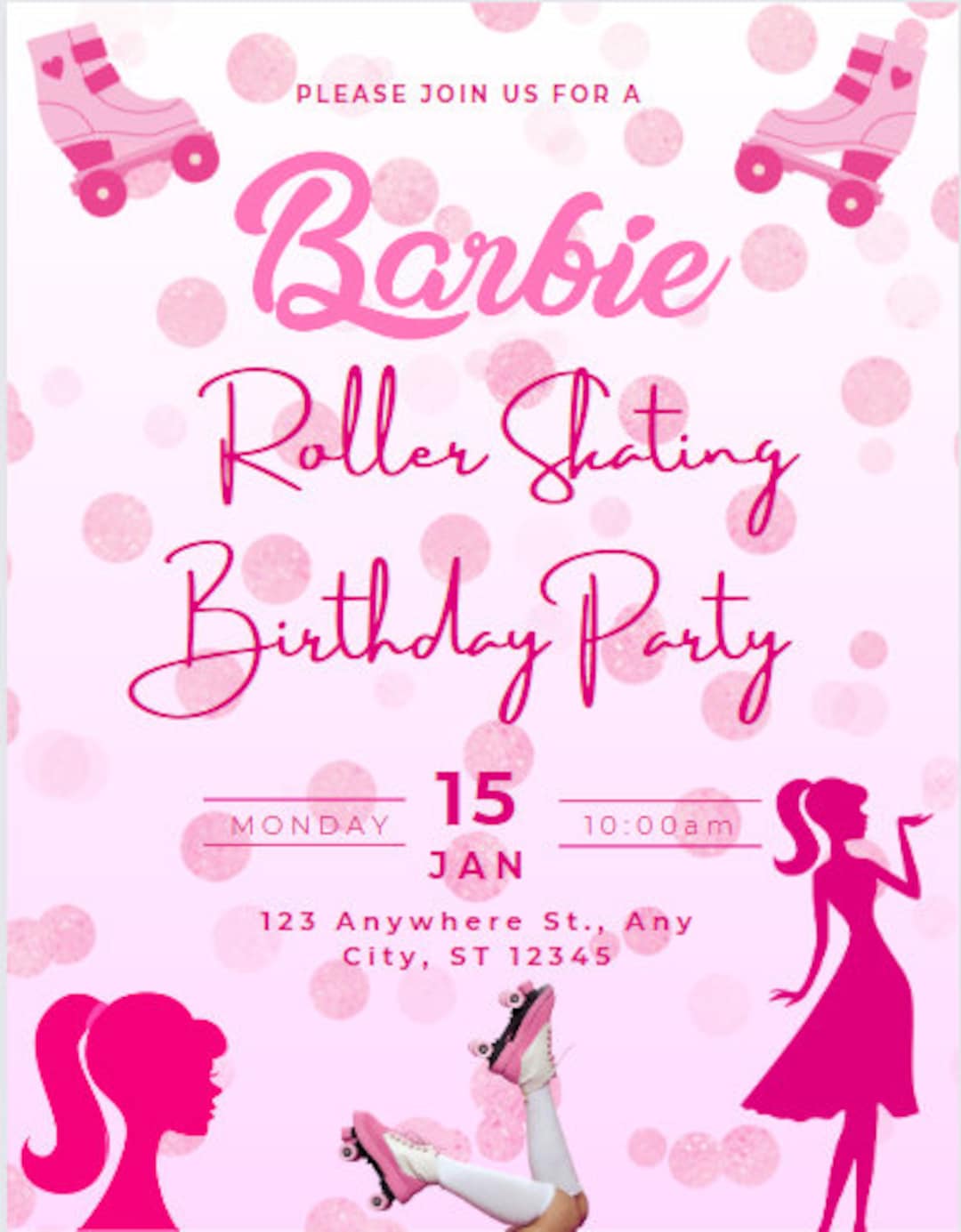 BARBIE ROLLER SKATING Party Invitations, Roller Skating Barbie Party, Barbie Skating, Birthday