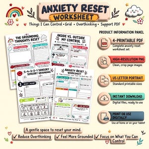 Könnte beinhalten: Anxiety Reset Arbeitsblatt-Set mit vier druckbaren Seiten mit Übungen zur Erdung, sensorischen Wahrnehmung und Kontrolle. Enthält ein Produktinformationsfeld mit Details zu PDF- und PNG-Formaten, US-Letter-Format und digitalen Download-Optionen.