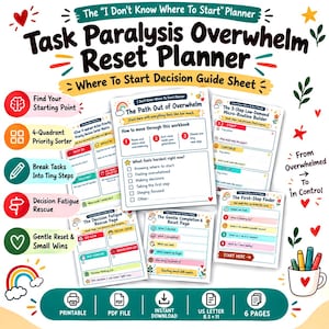 May include: A digital planner set titled Task Paralysis Overwhelm Reset Planner, featuring six pages including The Path Out of Overwhelm, 3-Step Low-Demand Micro-Routine Builder, and The First-Step Finder. Includes printable PDF files in 8.5 x 11 inches.