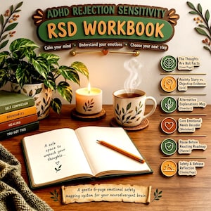 Puede incluir: Un libro de trabajo ADHD Rejection Sensitivity RSD con un letrero verde y marrón, una planta en maceta, una vela, una taza humeante y un cuaderno abierto con el texto A safe space to unpack your thoughts. Incluye seis iconos circulares.