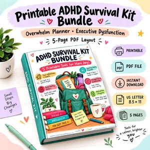 Utskrivbart ADHD-överlevnadskitpaket Överväldigande planerare för exekutiv dysfunktion, 5-sidig PDF-layout
