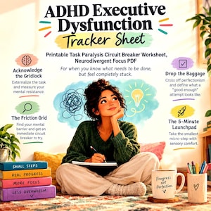 Könnte beinhalten: Ein druckbares ADHD Executive Dysfunction Tracker Sheet Arbeitsblatt mit Abschnitten namens Acknowledge the Gridlock, The Friction Grid, Drop the Baggage und The 5-Minute Launchpad. Das Design enthält farbigen Text, Symbole und eine zentrale Illustration.