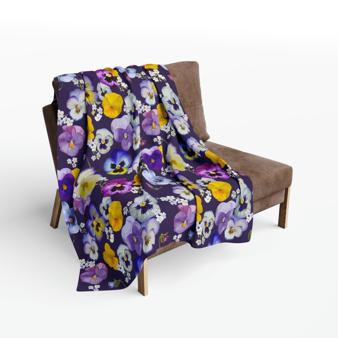 Fleece Blanket With Violets Birth Flower for February, Blanket Pansies