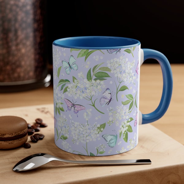 Duo Tone Coffee Mug Elder Flower & Butterflies, Coffee Cup Flowers and Butterflies, Bohemian Decor, Summer Decor, Birthday Gift for Her