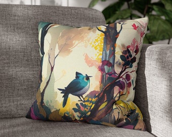 Pillow Cover with Watercolor Birds in Forest, Couch Pillowcase Birds, Cottage Decor, Bohemian Decor, Farmhouse Decor, Housewarming Gift