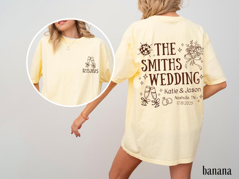 A woman wearing a yellow t-shirt with text and graphics printed on it.