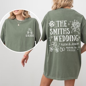 A woman wearing a green t-shirt with white text and graphics on the back.