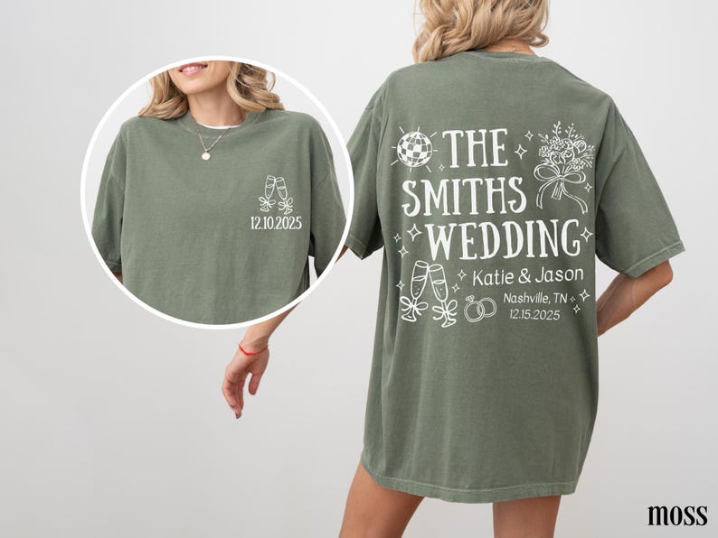 A woman wearing a green t-shirt with white text and graphics on the back.