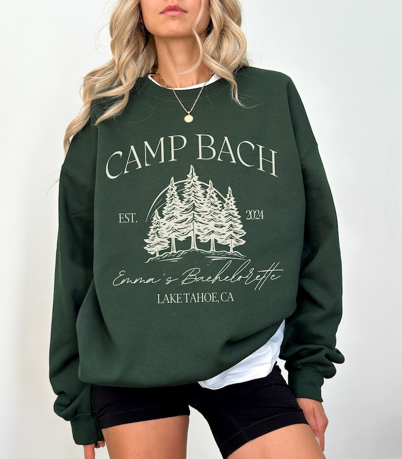 Custom Camp Bachelorette Sweatshirts Hiking Bachelorette Sweater Personalized Bach Merch Lake Bachelorette Party Crewnecks Bride Squad Gift image 1