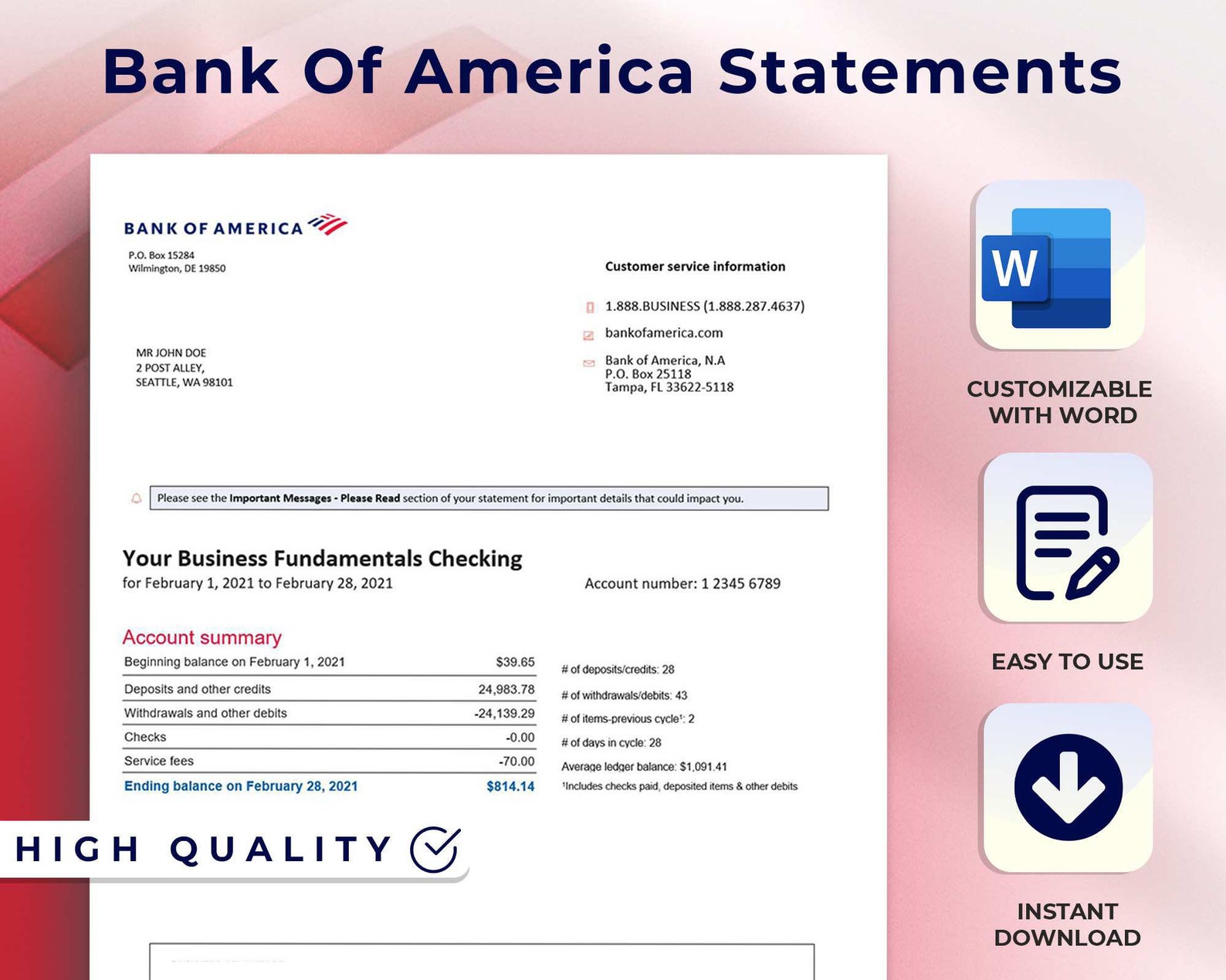Bank Of America Bank Statementpersonal Bank Template Full Etsy
