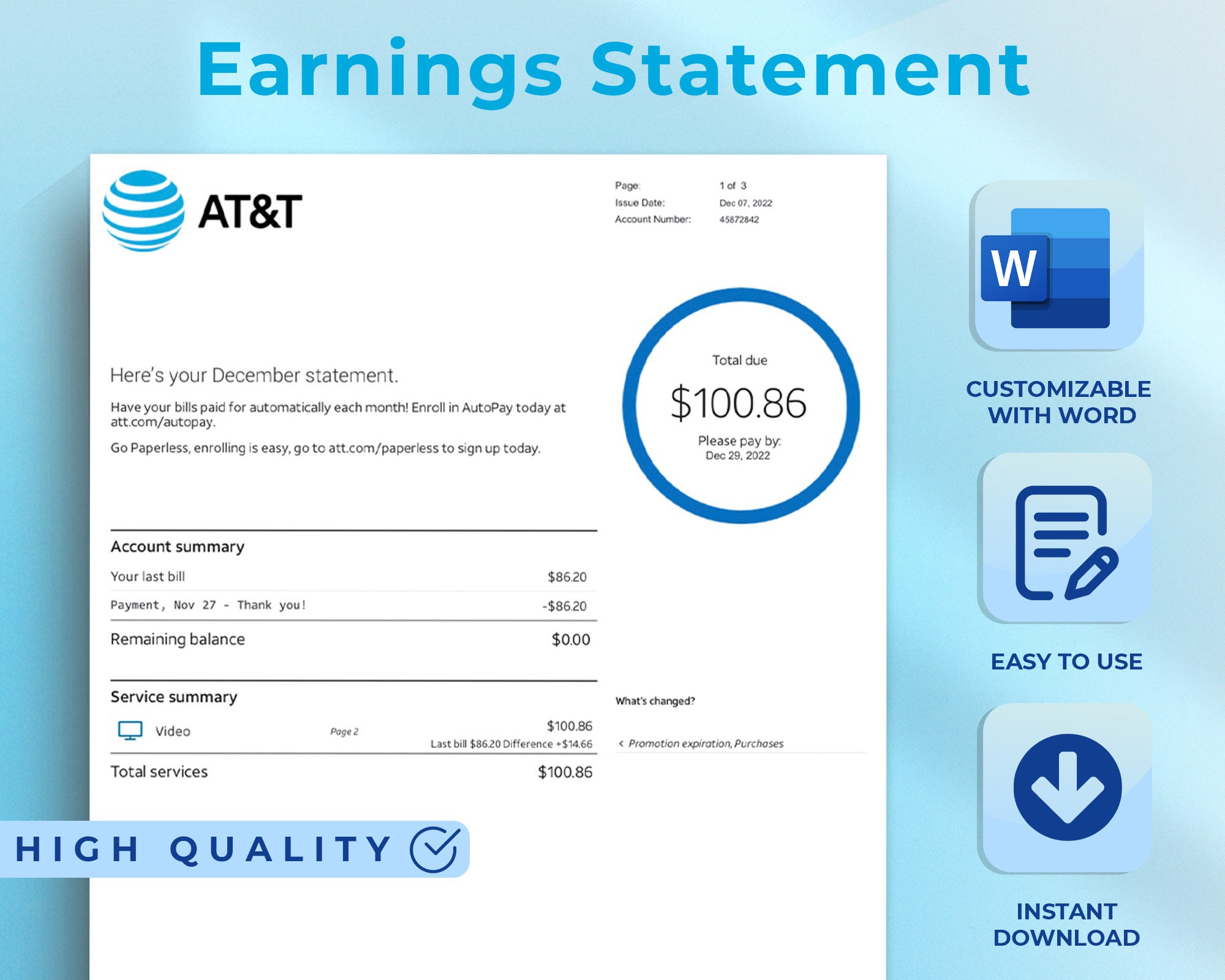 Authentic AT&T Phoneatt Cablewifi Bill Template Etsy