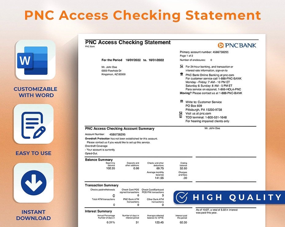 pnc-bank-statementbank-templateeditable-templateword-etsy