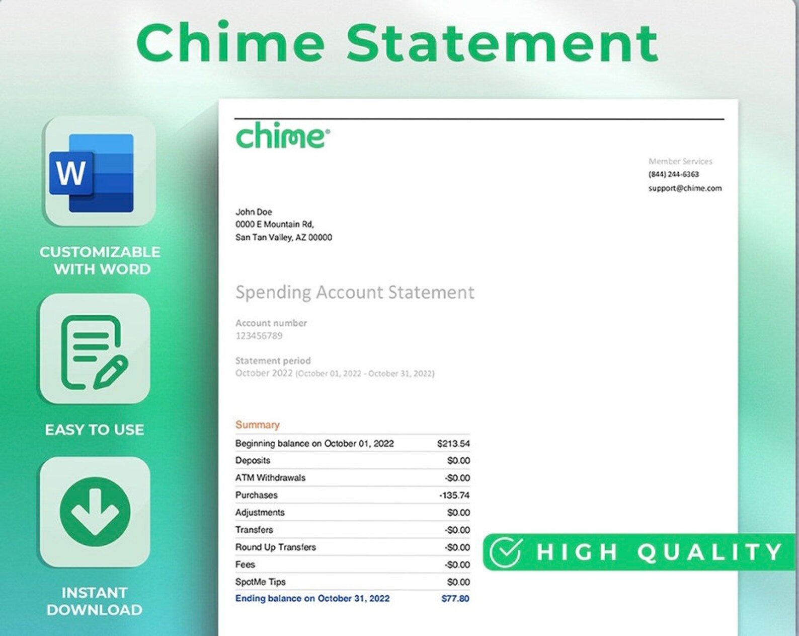 Chime Bank Statement Chime Personal Bank Templateeditable Etsy