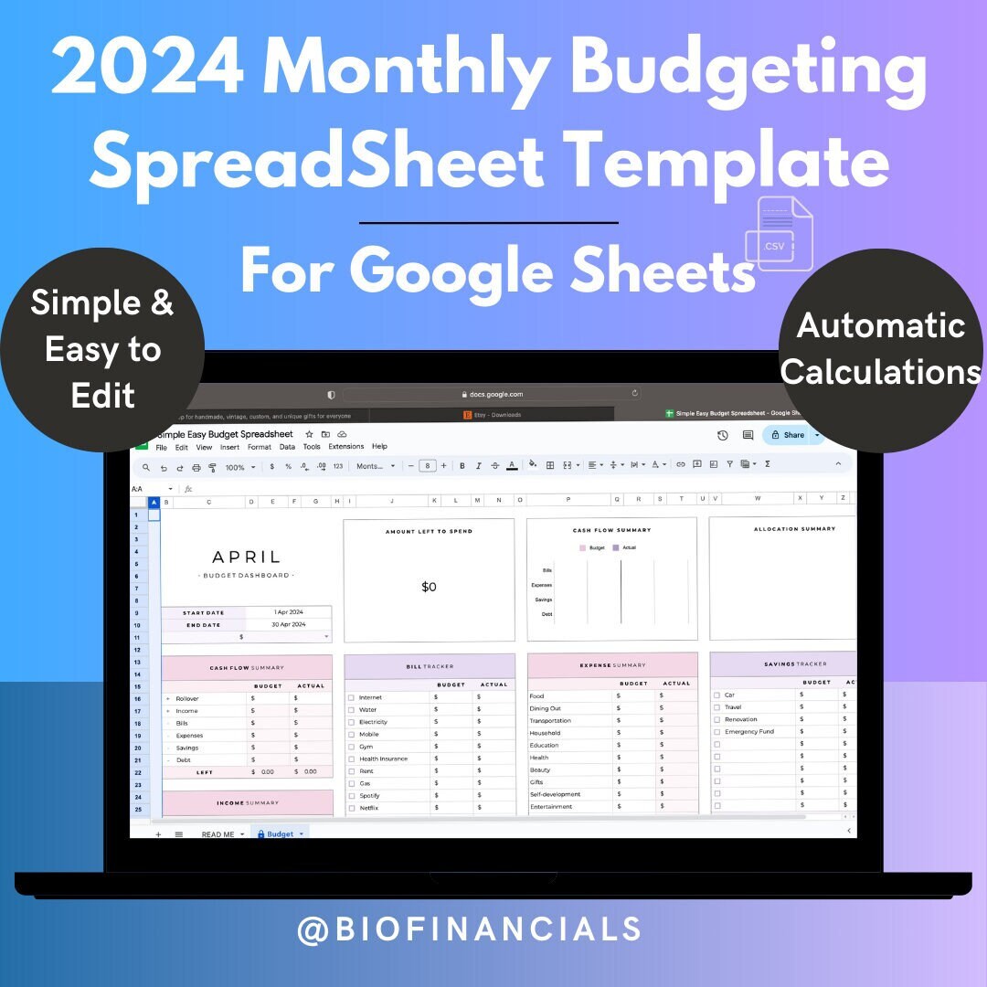 2024 Easy Simple Monthly Budget Spreadsheet Planner , Google Sheets ...