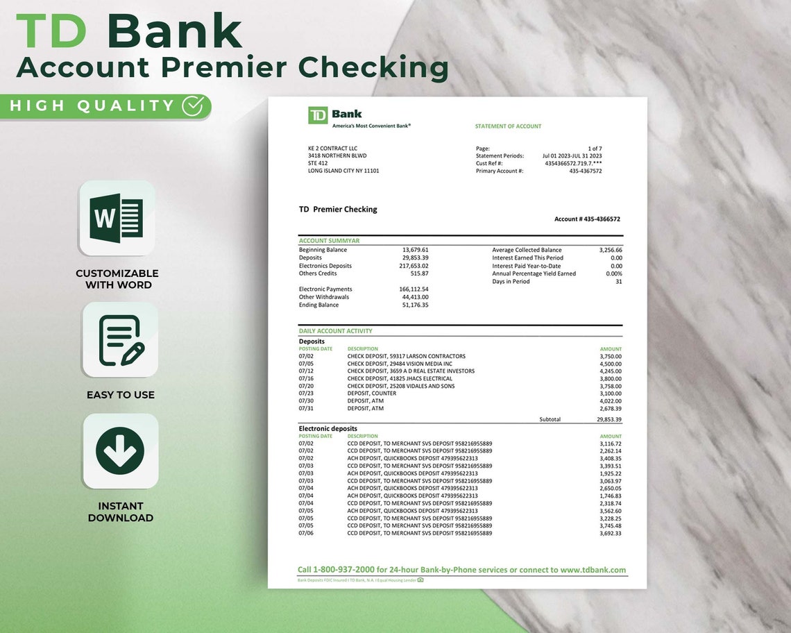TD Bank Statement Template Create Authentic Statements With Etsy