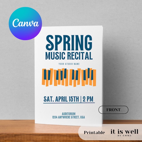 EDITABLE Recital Program Template-Music,Piano,Voice Studio-Instant Printable Download-Spring Piano Blue Orange