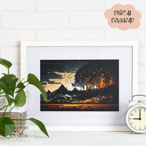 Abstract Landscape Night, Forest, Mountains, Birds, Modern Simplistic Minimalist Art, Digital Art, Wall Art, Gift Art, *Digital Download*