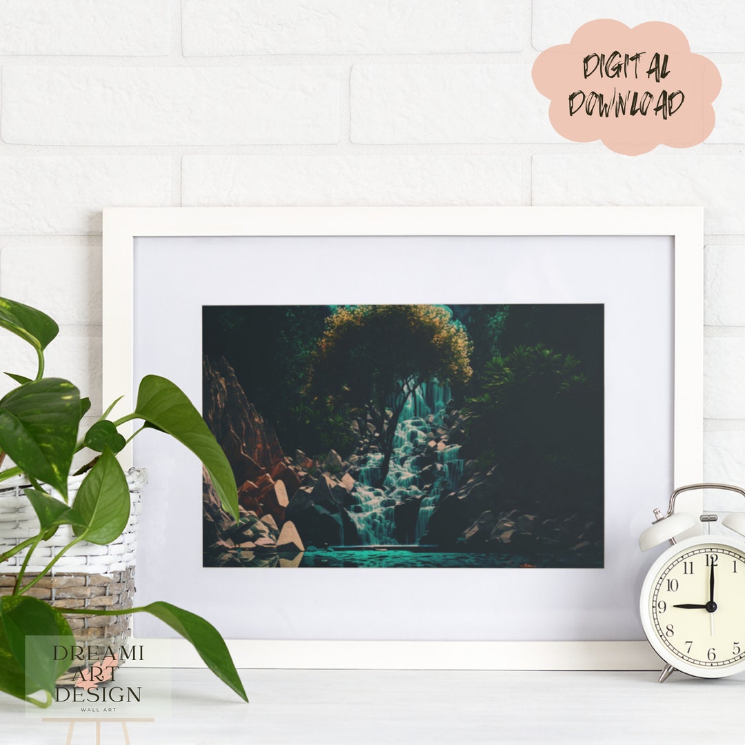 Turquoise Digital Pixelated Waterfall Landscape Art Piece, Modern ...