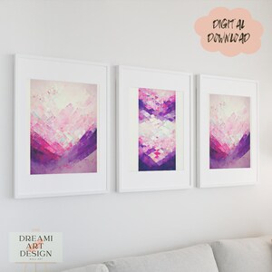 Purple Geometric Abstract Art Minimalist, Foliar,  3 Piece Wall Art, Digital Art, AI Art, Instant Download *Digital Download*