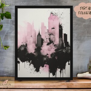 Black and Pink Smokey Splatter Watercolor Skyline Painting, Minimalist Simple Painting Style Art, Digital Art, Wall Art, *Digital Download*