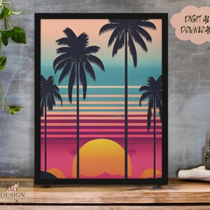 Tropical Sunset Retro Color Beach Palm Trees, Abstract Simplistic Modern Minimalist, Digital Art, Wall Art, Gift Art, *Digital Download*