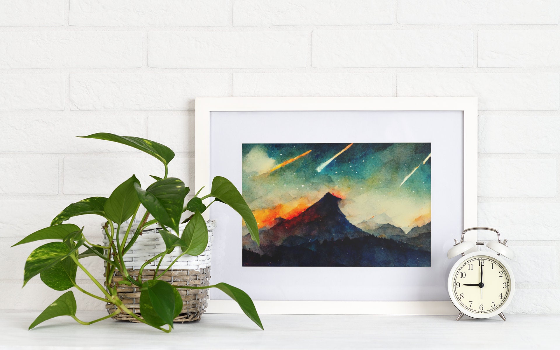 Meteor Shower Mountain Starry Sky Watercolor Drawing Art Piece, Modern ...